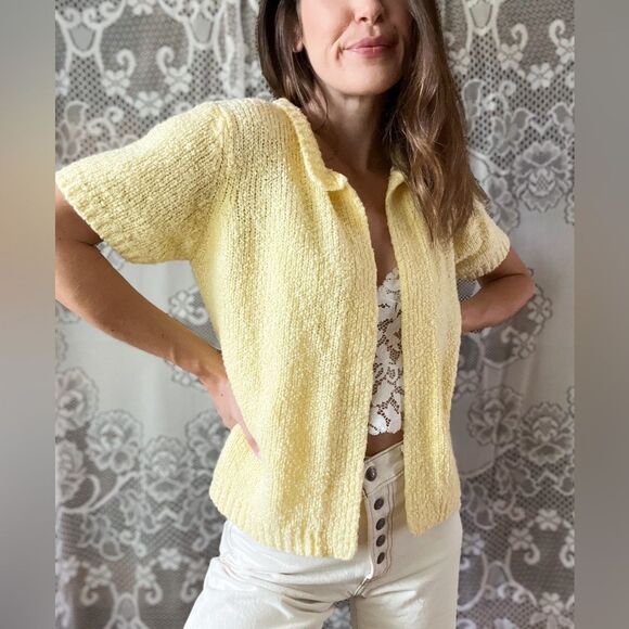 Vintage Sweaters - Vintage LeRoy Knitwear Acrylic Open Front Short Sleeve Yellow Cardigan
